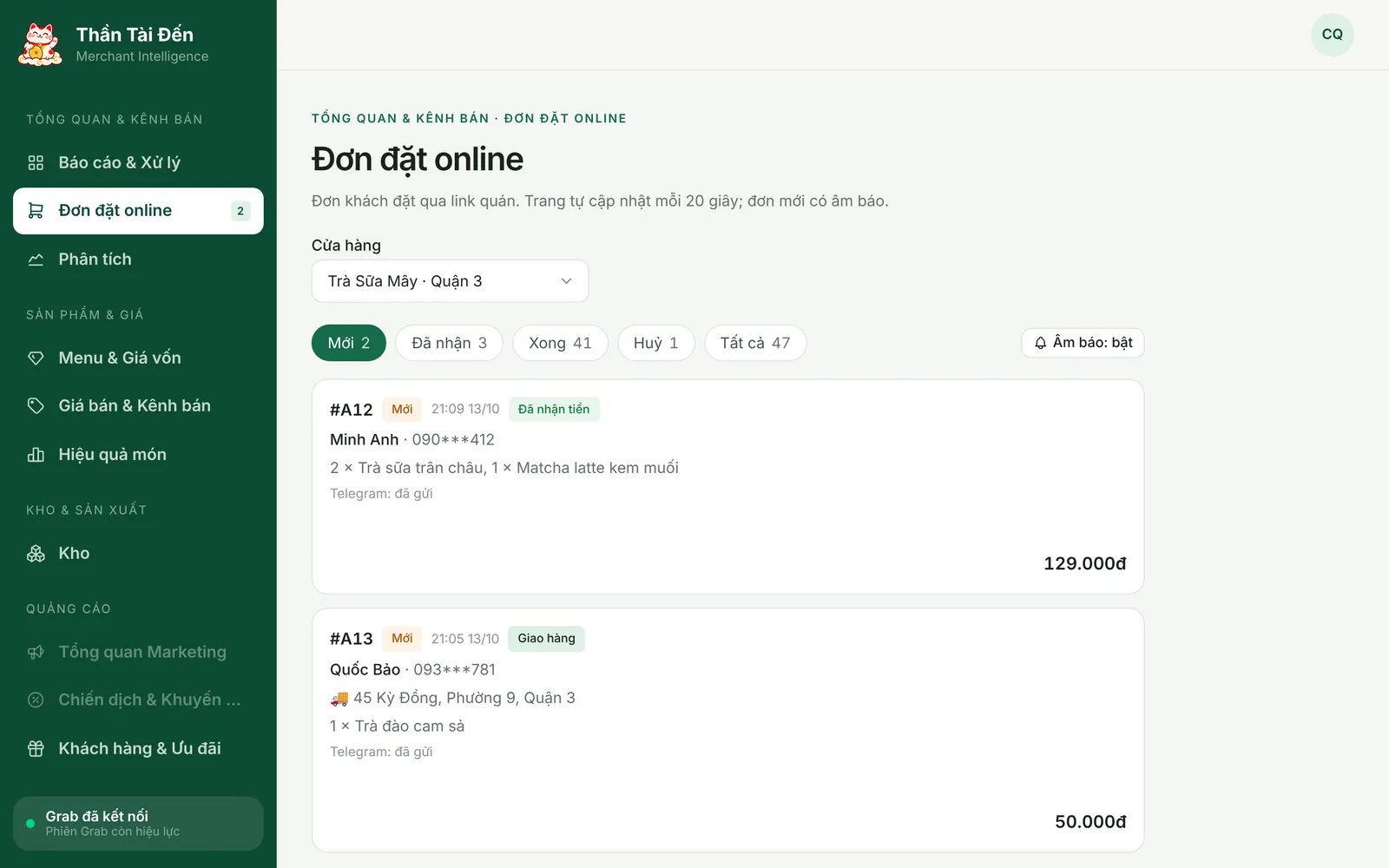 Màn Đơn đặt online: đơn mới, đã nhận, xong, kèm món, tổng tiền và trạng thái đã báo Telegram